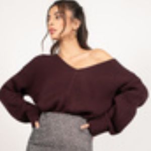 Woven material maroon vneck sweater